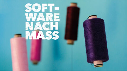 Handwerk vom Feinsten: Software nach Maß von der HZD Bildkomposition aus an einem Faden schwebende bunte Garnrollen und dem Schriftzug „Software nach Maß“